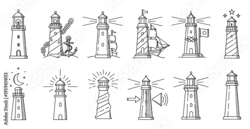 A collection of handdrawn outline lighthouse icons representing maritime navigation, coastal safety, and ocean adventure, perfect for web graphics, educational materials, and travel