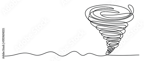 A continuous line drawing portraying a dynamic swirling tornado or powerful whirlwind rising from a wavy surface, perfect for illustrating concepts of force, change, or natural phenomena in
