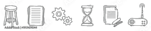 Hand drawn doodle icons representing office productivity, time management, mechanical processes, and wireless communication, ideal for various business and educational graphic applications.