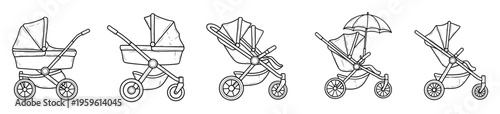 Set of detailed black and white outline illustrations depicting various modern baby strollers and prams, ideal for baby shower invitations, nursery decor, and infant product marketing
