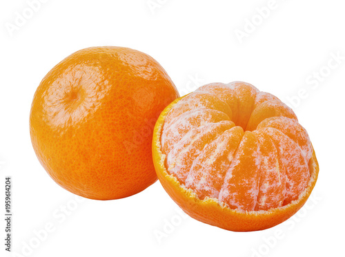 Fotografía Fresh vibrant orange tangerines, one whole and one partially peeled, revealing j