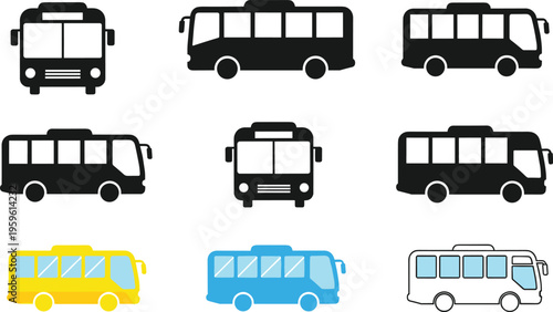 Bus icon collection featuring black, white, and colored designs with diverse shapes, windows, and styles for transport signage illustrations.