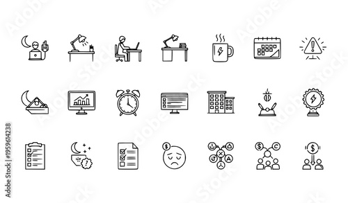 Overtime work productivity outline icons minimal thin line vector office pack