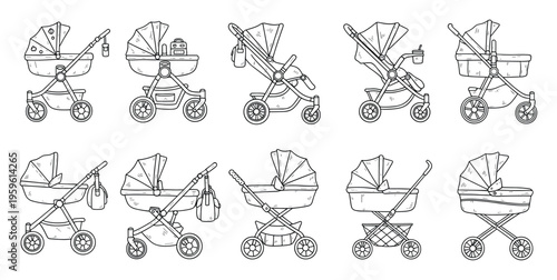 Collection of various baby strollers and prams in a handdrawn line style, perfect for infant care guides, nursery decor themes, or childrens product advertisements.
