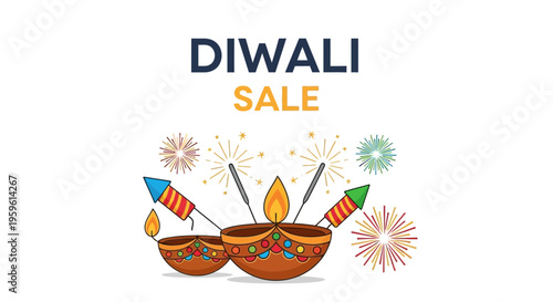 Diwali sale, festival lights, fireworks, Indian celebration, vector icons