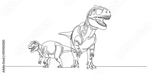 Dynamic continuous line drawing of two formidable predatory dinosaurs, a large roaring theropod and a smaller companion, perfect for educational materials and prehistoric themed media.