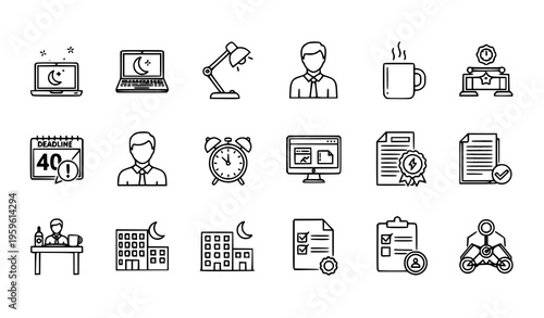 Working late overtime thin outline icons vector pixel perfect office collection