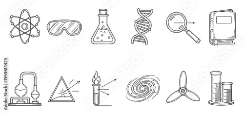 Comprehensive collection of handdrawn science icons representing laboratory equipment, scientific concepts, and educational symbols for use in academic materials and research presentations