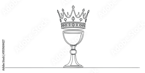 Continuous line drawing of a majestic royal crown placed atop an elegant historical chalice, perfect for luxury brand presentations, historical themes, or mystical storytelling graphics.
