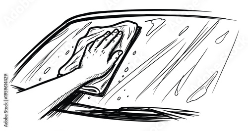 A human hand is actively wiping a car windshield with a cloth, representing the essential process of vehicle cleaning and maintenance, perfect for automotive care product promotions and