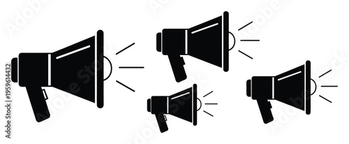 Dynamic collection of black megaphone symbols representing public announcement, communication, marketing, and attentiongrabbing messages for various digital and print media applications