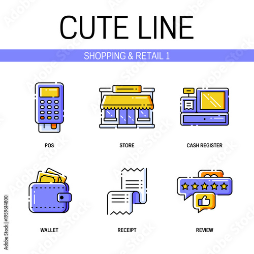 Shopping and retail related icon set contains elements of pos terminal, store facade, cash register, wallet, receipt and more. Flat filled outline style. Pixel perfect. Editable stroke