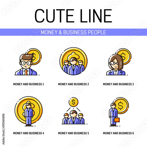 Icons set of business persons on a background of money for income balance and revenue increase or financial strategy and budget planning concepts. Outline style. Pixel perfect. Editable stroke