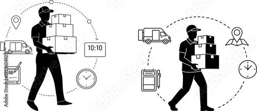 Logistics, delivery, courier, shipping icons, workflow diagrams