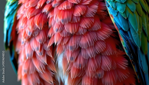The image showcases a close up view of a bird's plumage, highlighting a vibrant array of feathers with a predominant red coloration in the central area