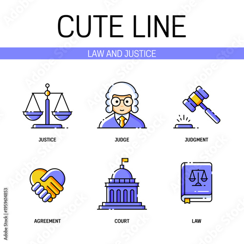 Law and justice related icon set contains elements of law book, court building, judge gavel, justice scales and more. Flat filled outline style. Pixel perfect. Editable stroke
