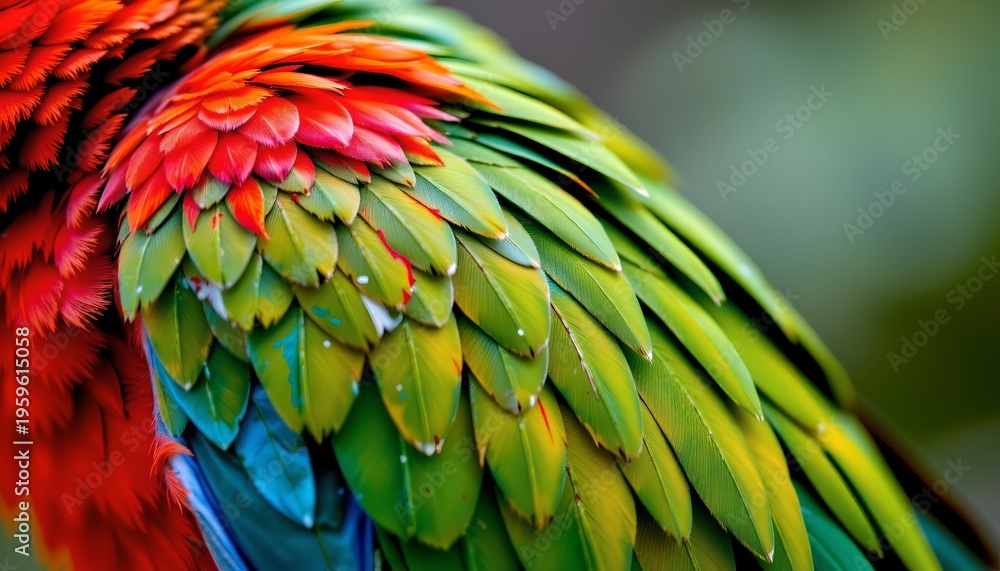Obraz premium The image showcases a close up of a vibrantly colored bird's feathers, which transition smoothly through shades of red, orange, yellow, green, and blue
