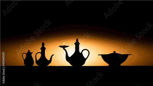 A set of silhouetted tea and coffee pots against a vibrant orange background