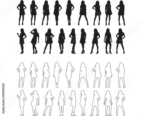 Collection of female silhouettes in various poses and styles