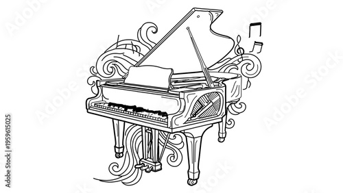 A beautiful vector illustration of a grand piano with elegant swirls and musical notes