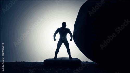 A powerful silhouette of a man standing in front of a glowing light source pushing a massive boulder