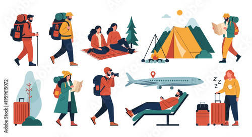 Travel and Adventure Flat Vector Illustration Set featuring People Hiking, Camping, Backpacking, and Flying for Tourism and Vacation Concepts