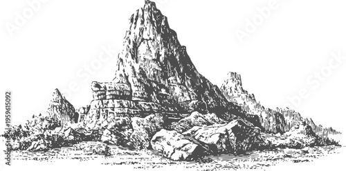 Detailed hand drawn illustration of a rocky mountain peak with rugged terrain and scattered boulders