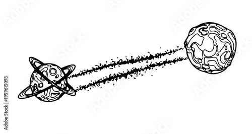 A minimalist vector graphic illustration of a planet pulling another celestial body with gravitational forces