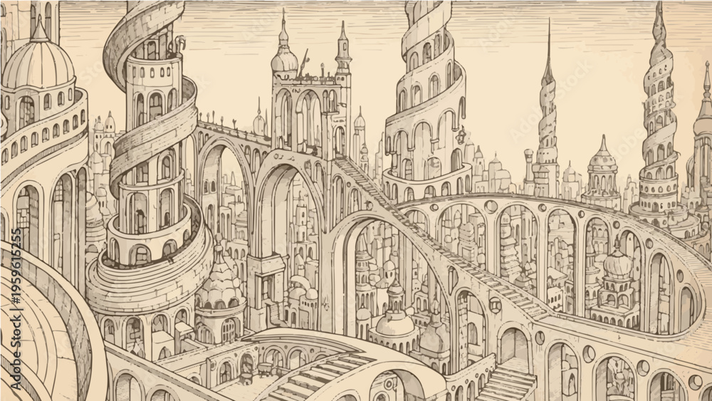Obraz premium A detailed vector illustration of a medieval fantasy city with intricate architecture and ornate bridges