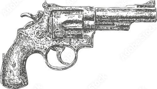 Detailed vintage revolver illustration with wooden grip and visible hammer and trigger features