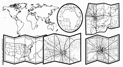 A set of vector maps in various projections and styles, including a world map, globe, and regional maps of the United States.