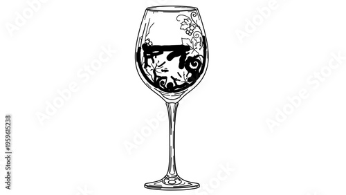 A minimalist vector illustration of a wine glass with a fish design inside