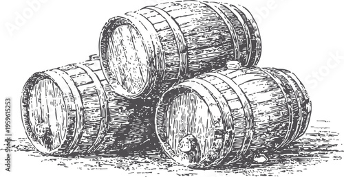 vintage wooden barrels stacked with textured wood grain and metal hoops, rustic storage containers