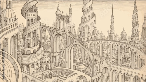 A detailed vector illustration of a medieval fantasy city with intricate architecture and ornate bridges
