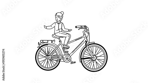 A minimalist vector illustration of a person riding a bicycle in a simple, flat design style