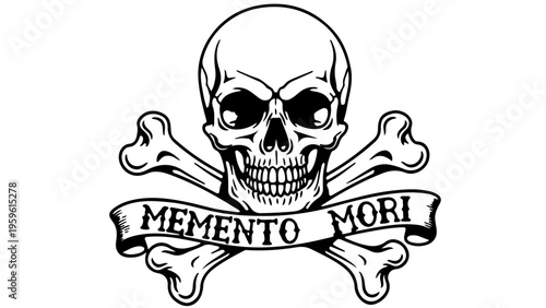 A black and white vector graphic illustration of a skull and crossbones with a memento mori banner