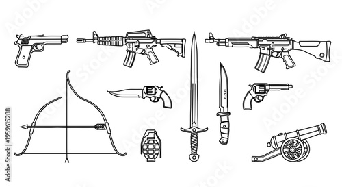 A collection of various weapons in a minimalist vector graphic illustration