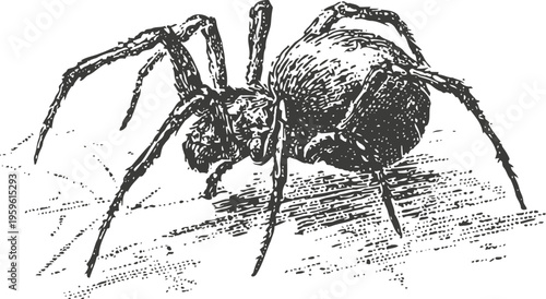 Detailed black and white spider illustration with fine line art and textured shading on wood surface