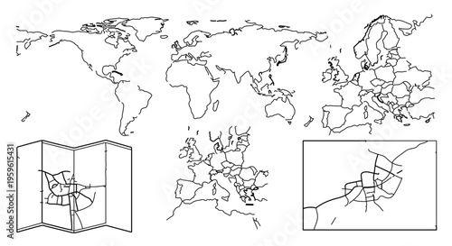 A minimalist vector graphic illustration of a world map with various inset maps and a folded map icon