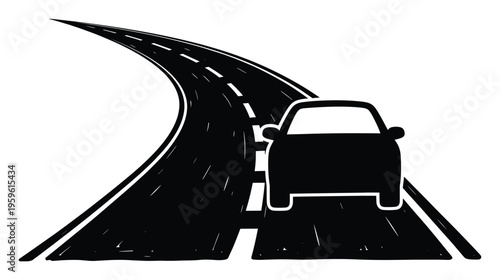 Monochromatic graphic depicting a car traveling on a winding road, ideal for automotive industry promotions, travel journey advertisements, or transportation service applications.