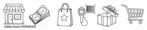 Essential shopping and retail transaction symbols such as a store building, currency, gift package, barcode reader, and pushcart for sales presentations and marketing materials