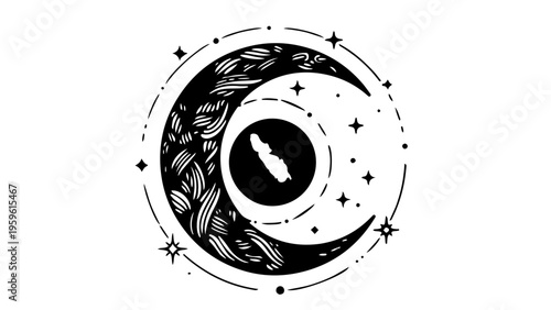 A minimalist vector graphic illustration of a crescent moon with a rocket ship blasting off into a starry night sky