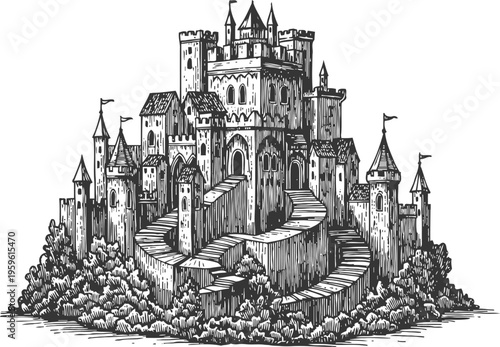 Medieval castle fortress with high walls and towers surrounded by forest detailed hand drawn illustration