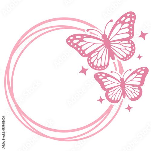 A delicate pink vector illustration of two butterflies and stars in a circular design