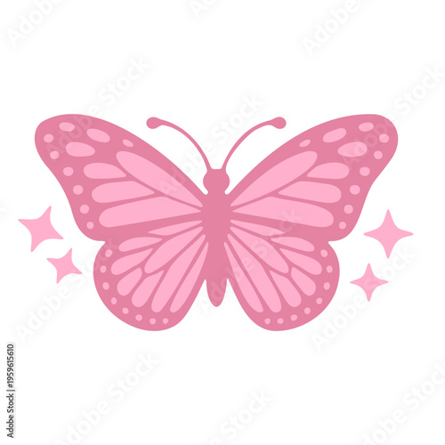 A pink butterfly vector graphic with sparkles on a white background
