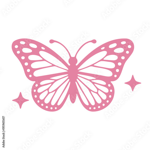 A pink butterfly vector graphic with white polka dots and sparkles on a white background