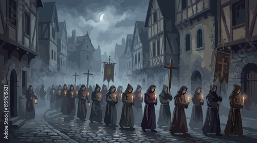 Medieval Monks Procession Through Dark Cobblestone Street at Night.