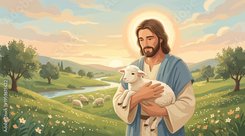 Jesus Christ Holding a Lamb in a Peaceful Pastoral Setting.