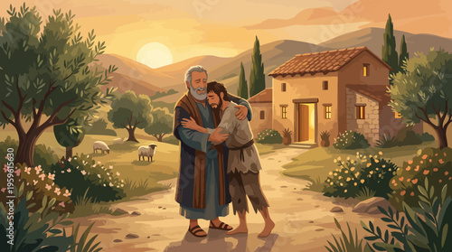 Father Welcomes Prodigal Son Home with Open Arms Forgiveness.