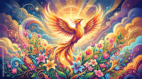 Majestic Phoenix Rising from Vibrant Flowers.